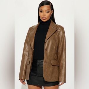 Brown Faux-Leather Women's Blazer Jacket